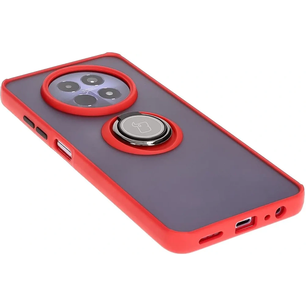 Etui z uchwytem na palec Bizon Case Hybrid Ring do Realme 12 / 12x przydymione z czerwoną ramką