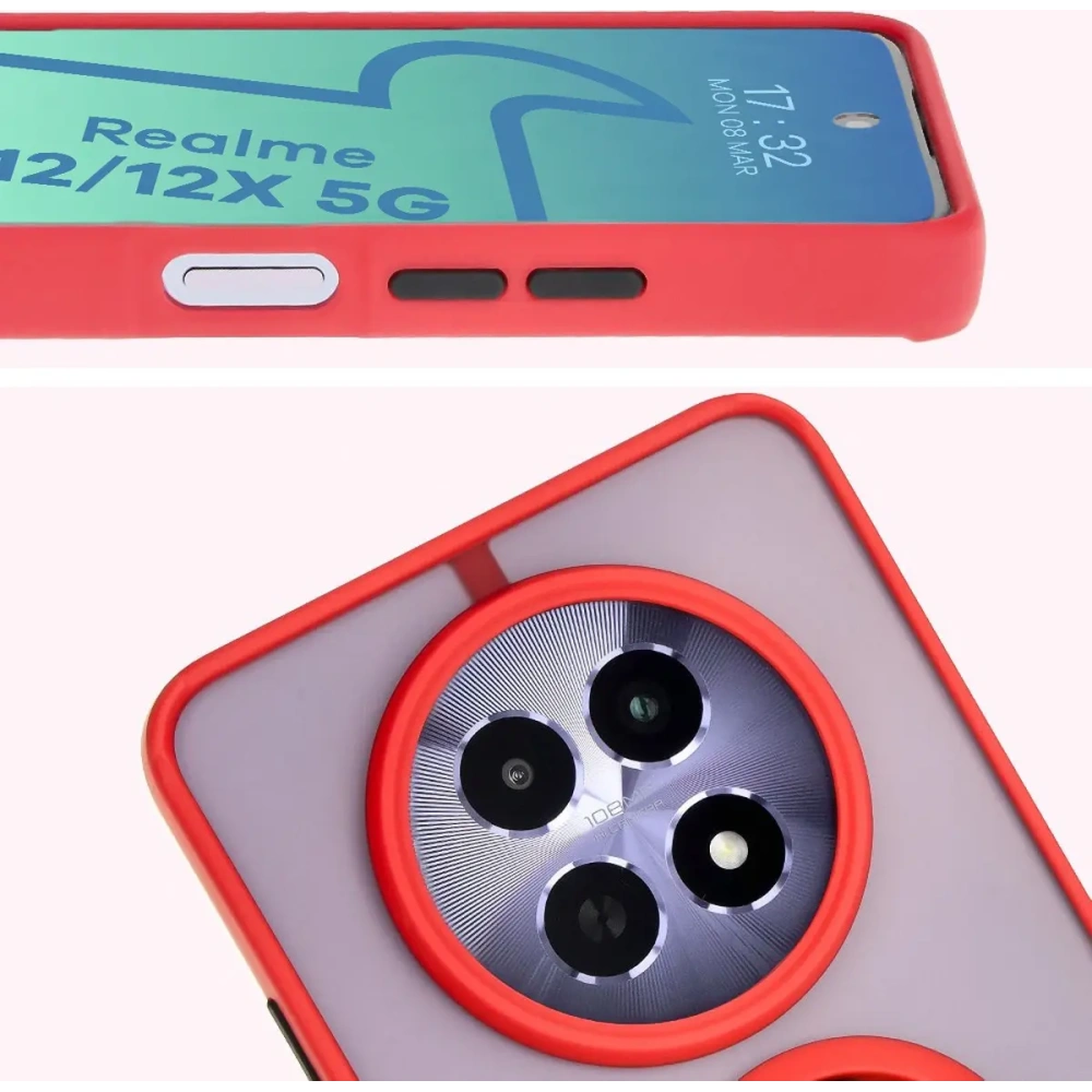 Etui z uchwytem na palec Bizon Case Hybrid Ring do Realme 12 / 12x przydymione z czerwoną ramką