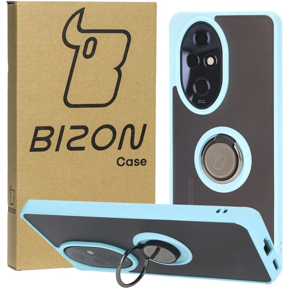 Etui z uchwytem na palec Bizon Case Hybrid Ring do Honor 200 Pro przydymione z jasnoniebieską ramką