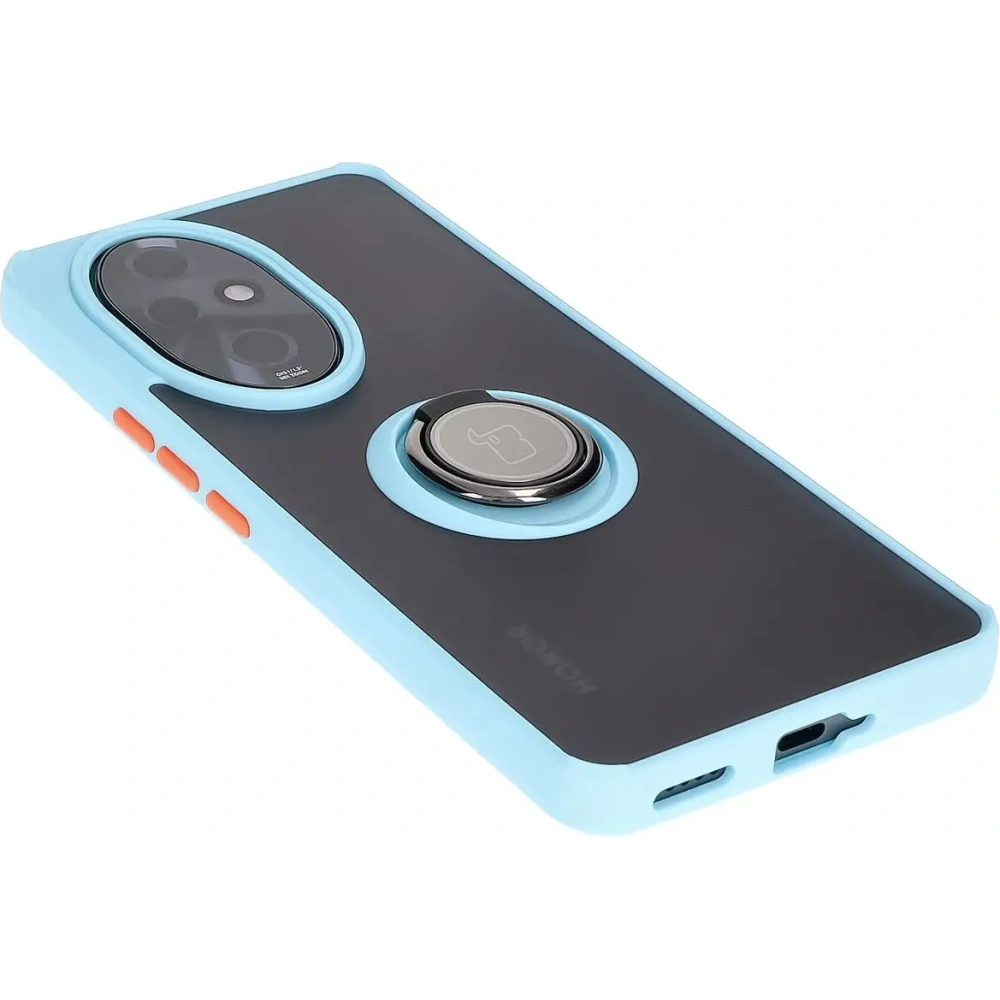 Etui z uchwytem na palec Bizon Case Hybrid Ring do Honor 200 Pro przydymione z jasnoniebieską ramką
