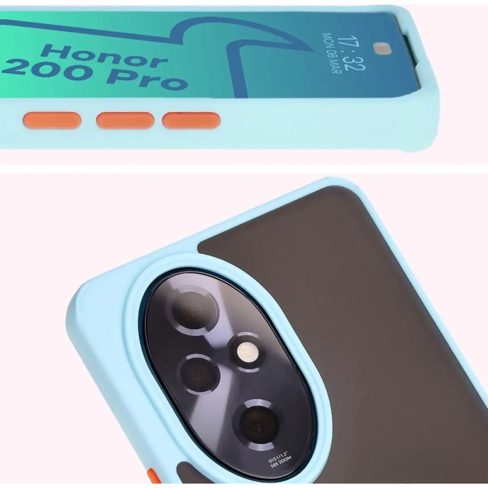 Etui z uchwytem na palec Bizon Case Hybrid Ring do Honor 200 Pro przydymione z jasnoniebieską ramką