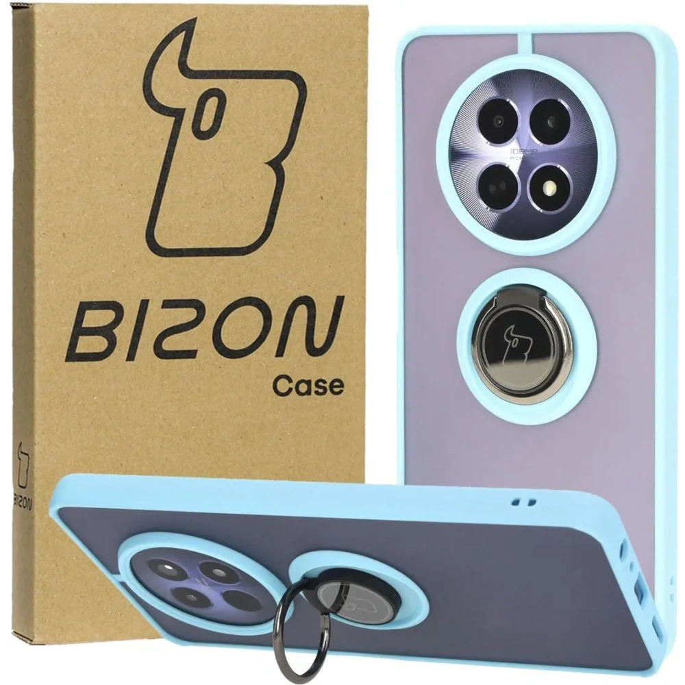Etui z uchwytem na palec Bizon Case Hybrid Ring do Realme 12 / 12x przydymione z jasnoniebieską ramką