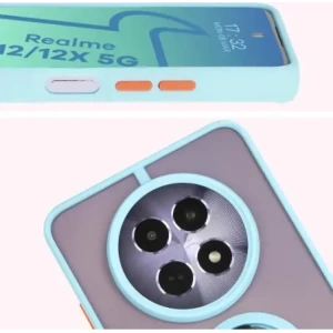 Etui s držákem na prst Bizon Case Hybrid Ring pro Realme 12 / 12x kouřové s jasně modrým rámečkem.