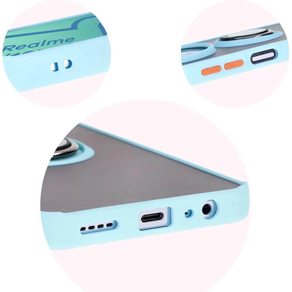 Etui z uchwytem na palec Bizon Case Hybrid Ring do Realme 12 / 12x przydymione z jasnoniebieską ramką