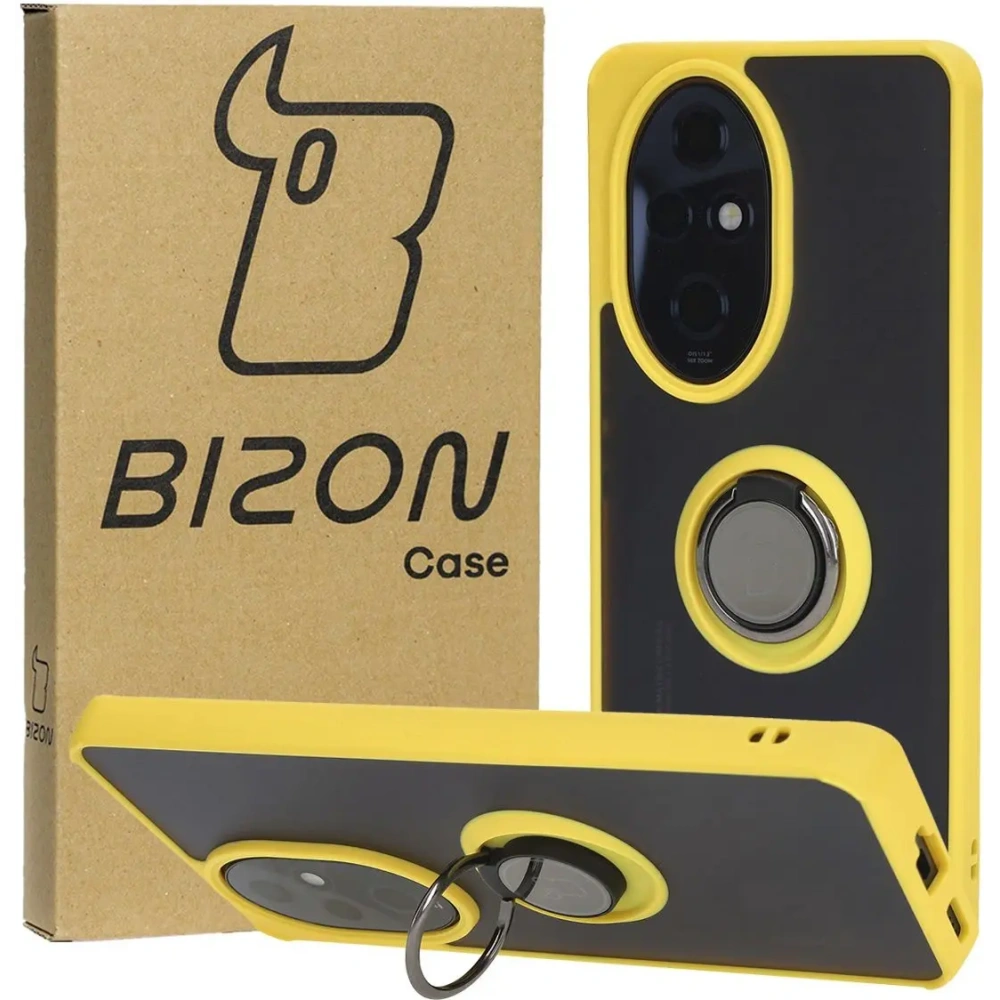 Etui z uchwytem na palec Bizon Case Hybrid Ring do Honor 200 Pro przydymione z żółtą ramką