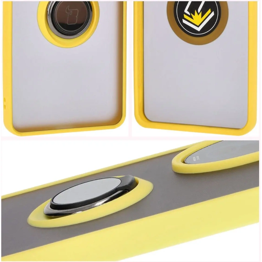Etui z uchwytem na palec Bizon Case Hybrid Ring do Honor 200 Pro przydymione z żółtą ramką