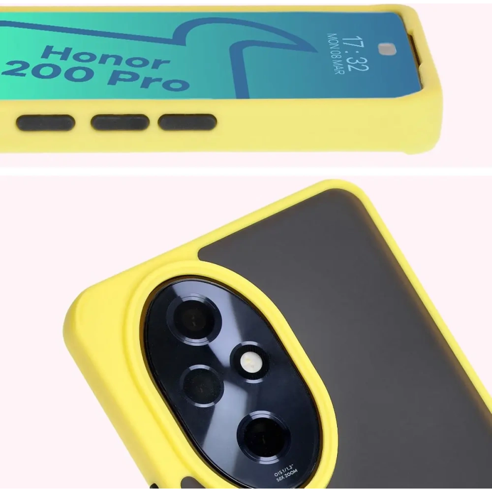 Etui z uchwytem na palec Bizon Case Hybrid Ring do Honor 200 Pro przydymione z żółtą ramką