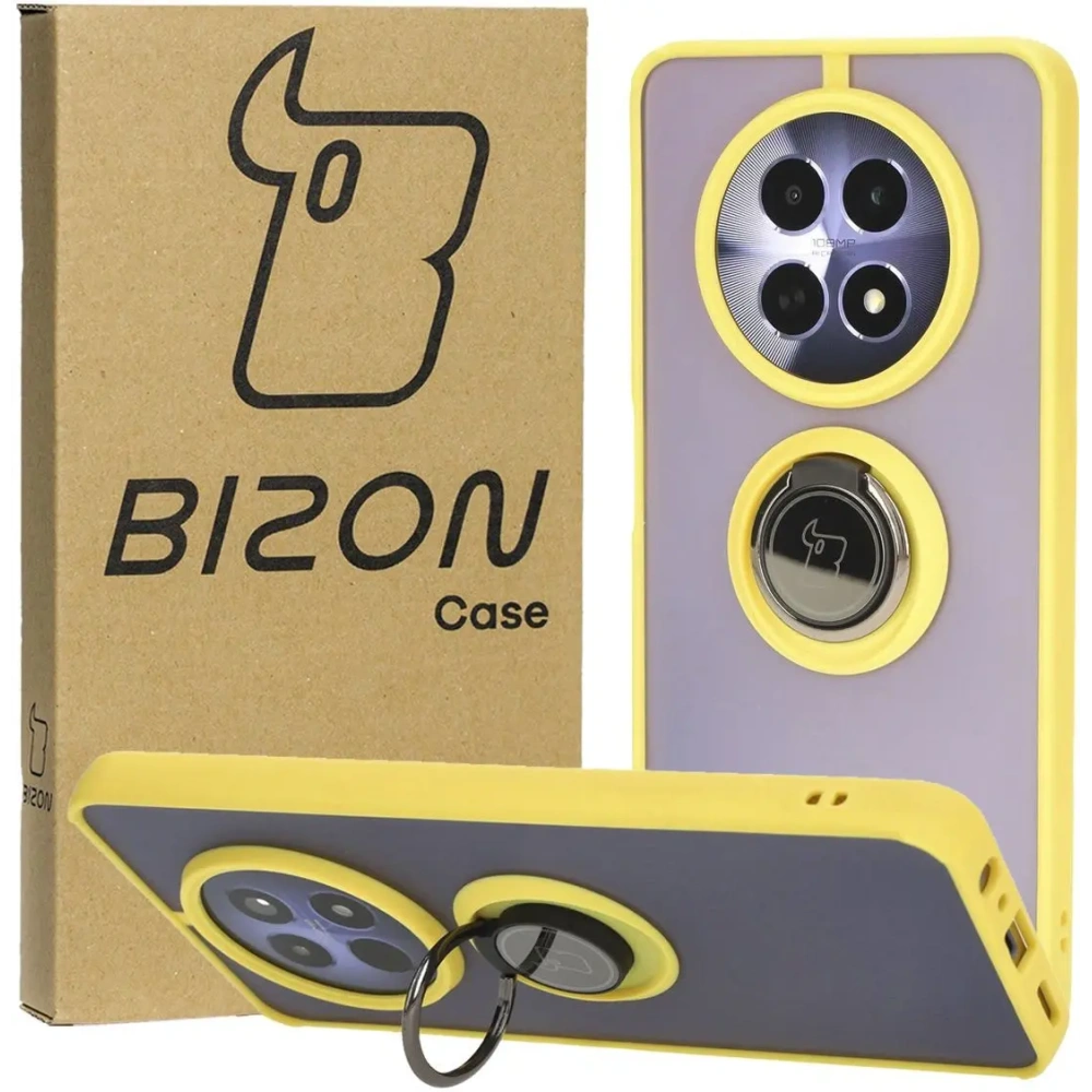 Etui z uchwytem na palec Bizon Case Hybrid Ring do Realme 12 / 12x przydymione z żółtą ramką