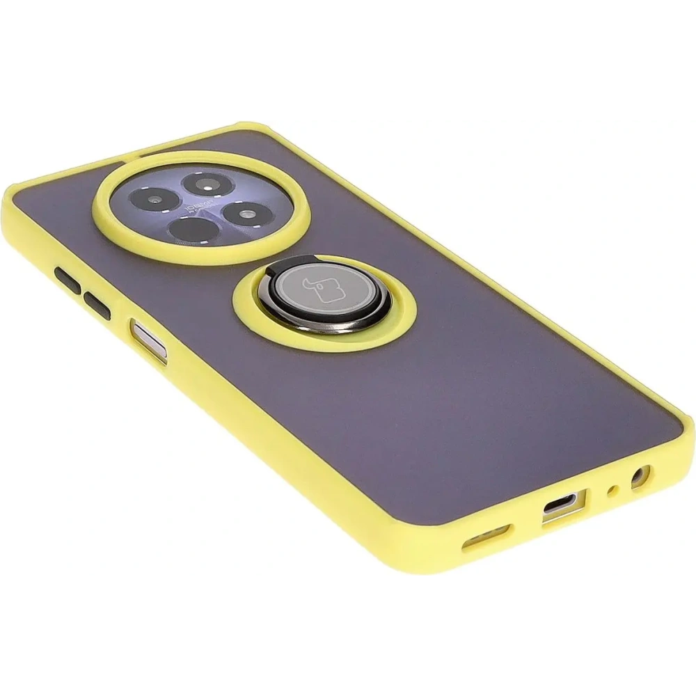 Etui z uchwytem na palec Bizon Case Hybrid Ring do Realme 12 / 12x przydymione z żółtą ramką