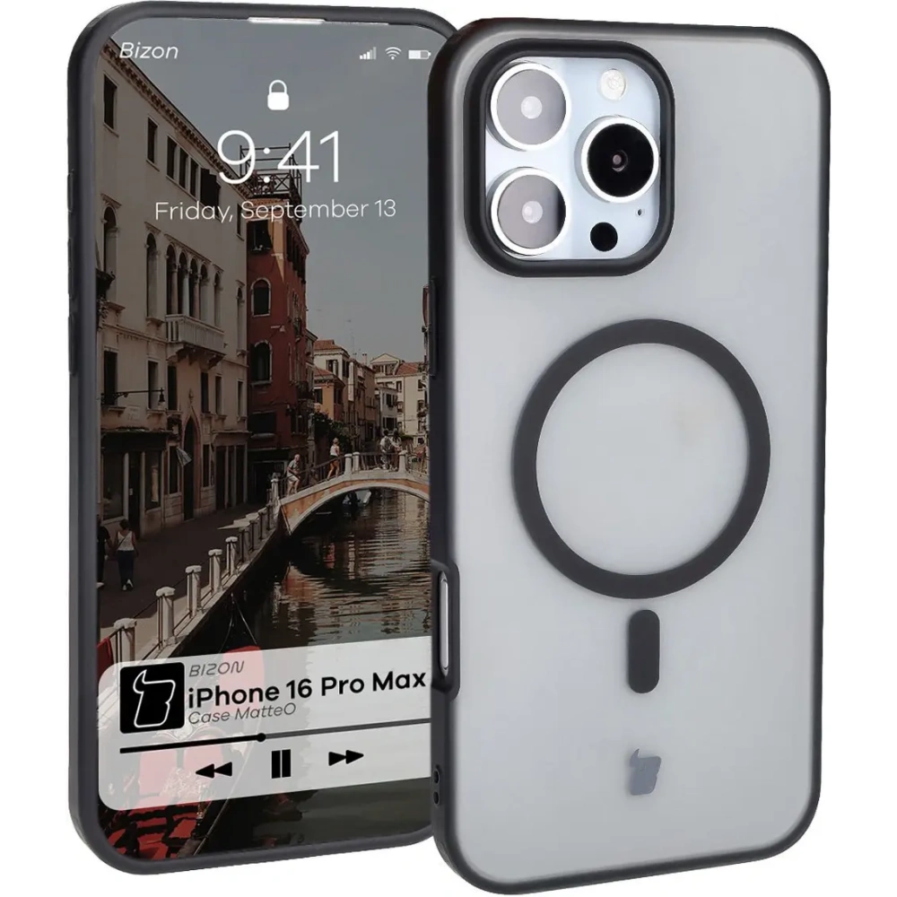 Etui z pierścieniem magnetycznym Bizon Case MatteO do Apple iPhone 16 Pro Max półprzezroczyste z czarną ramką