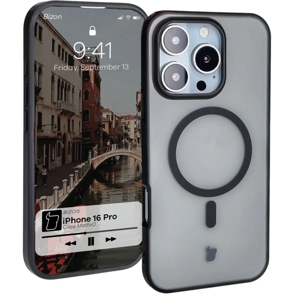 Etui z pierścieniem magnetycznym Bizon Case MatteO do Apple iPhone 16 Pro półprzezroczyste z czarną ramką