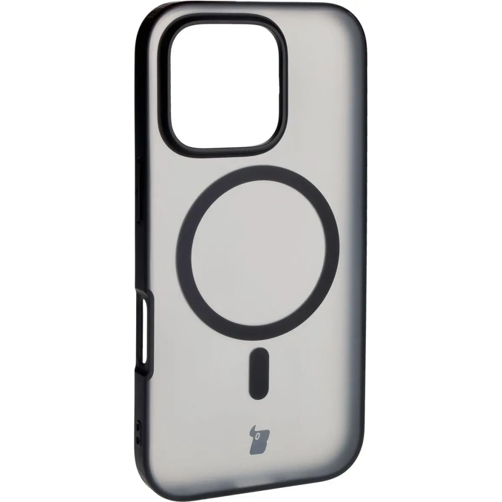 Etui z pierścieniem magnetycznym Bizon Case MatteO do Apple iPhone 16 Pro półprzezroczyste z czarną ramką