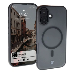 Etui z pierścieniem magnetycznym Bizon Case MatteO do Apple iPhone 16 półprzezroczyste z czarną ramką