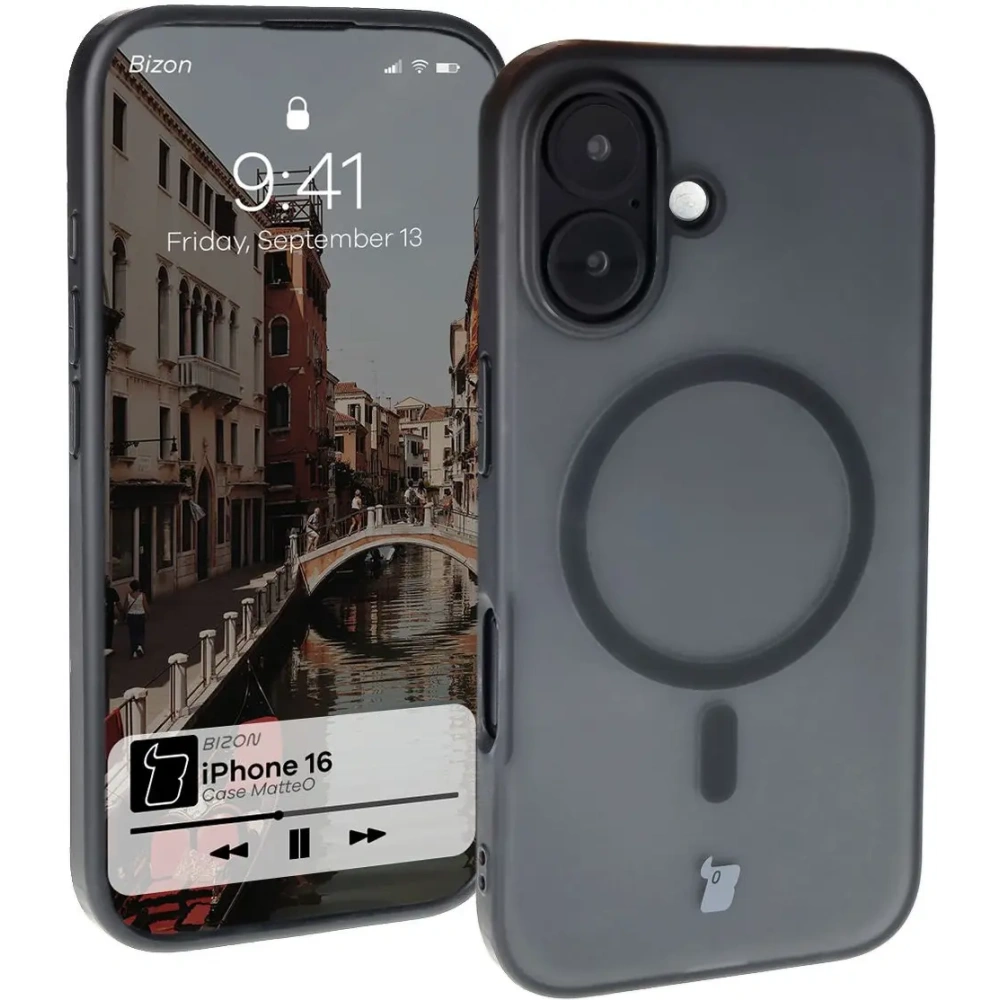 Etui z pierścieniem magnetycznym Bizon Case MatteO do Apple iPhone 16 półprzezroczyste z czarną ramką