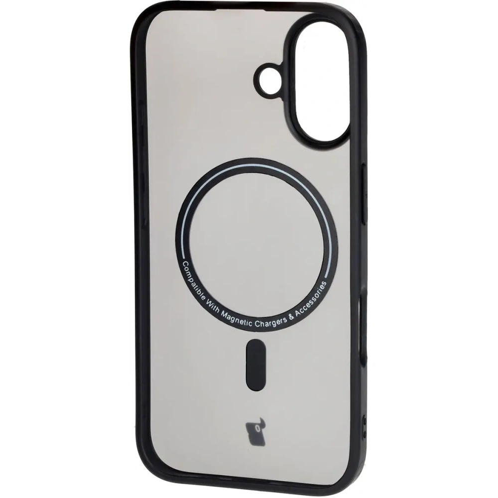 Etui z pierścieniem magnetycznym Bizon Case MatteO do Apple iPhone 16 półprzezroczyste z czarną ramką