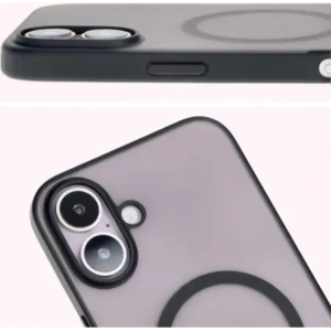 Etui z pierścieniem magnetycznym Bizon Case MatteO do Apple iPhone 16 Plus półprzezroczyste z czarną ramką
