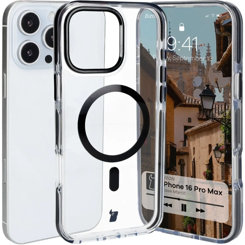 Etui z pierścieniem magnetycznym Bizon Case Marco do Apple iPhone 16 Pro Max przezroczyste z czarną ramką