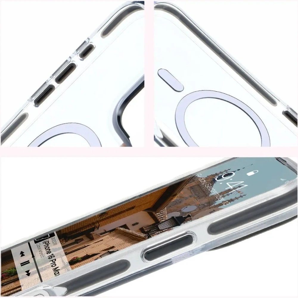 Etui z pierścieniem magnetycznym Bizon Case Marco do Apple iPhone 16 Pro Max przezroczyste z czarną ramką