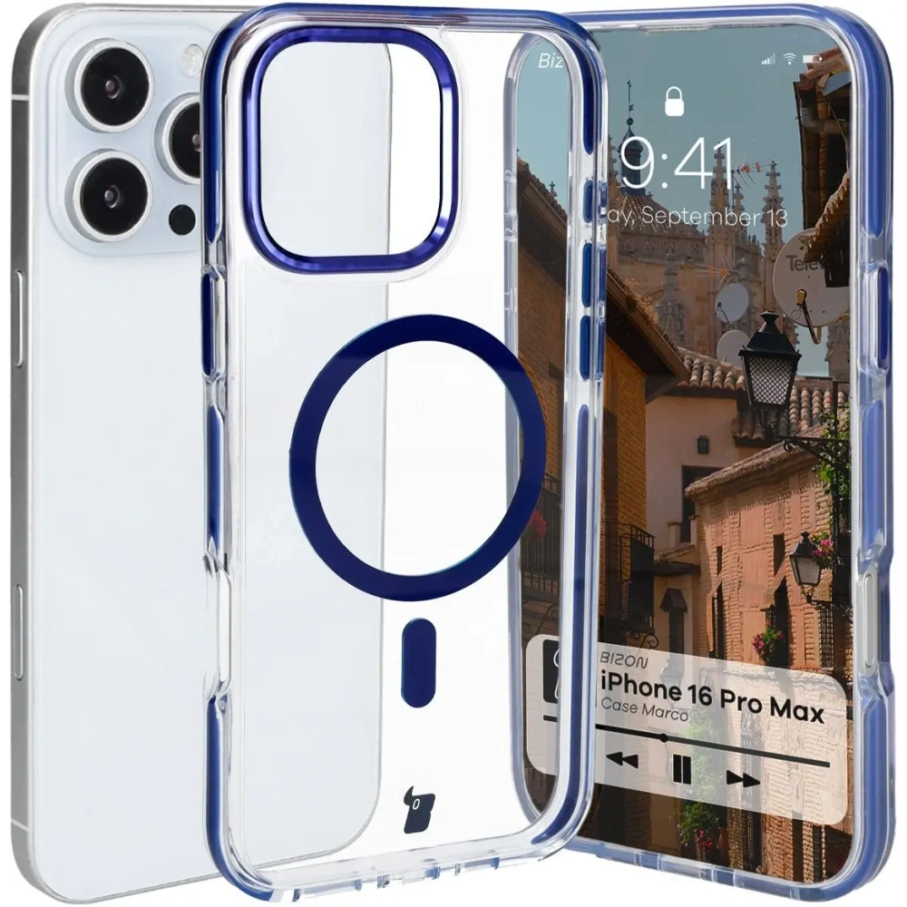 Etui z pierścieniem magnetycznym Bizon Case Marco do Apple iPhone 16 Pro Max przezroczyste z niebieską ramką