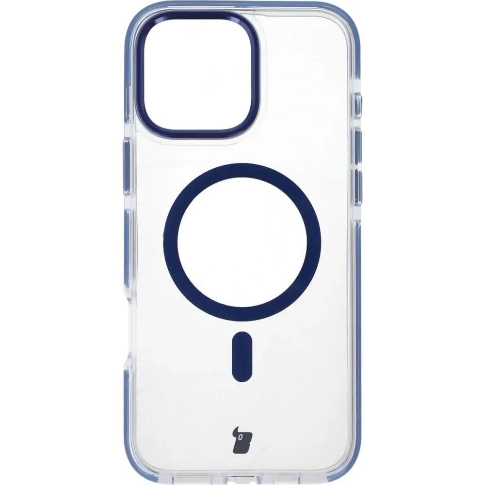 Etui z pierścieniem magnetycznym Bizon Case Marco do Apple iPhone 16 Pro Max przezroczyste z niebieską ramką