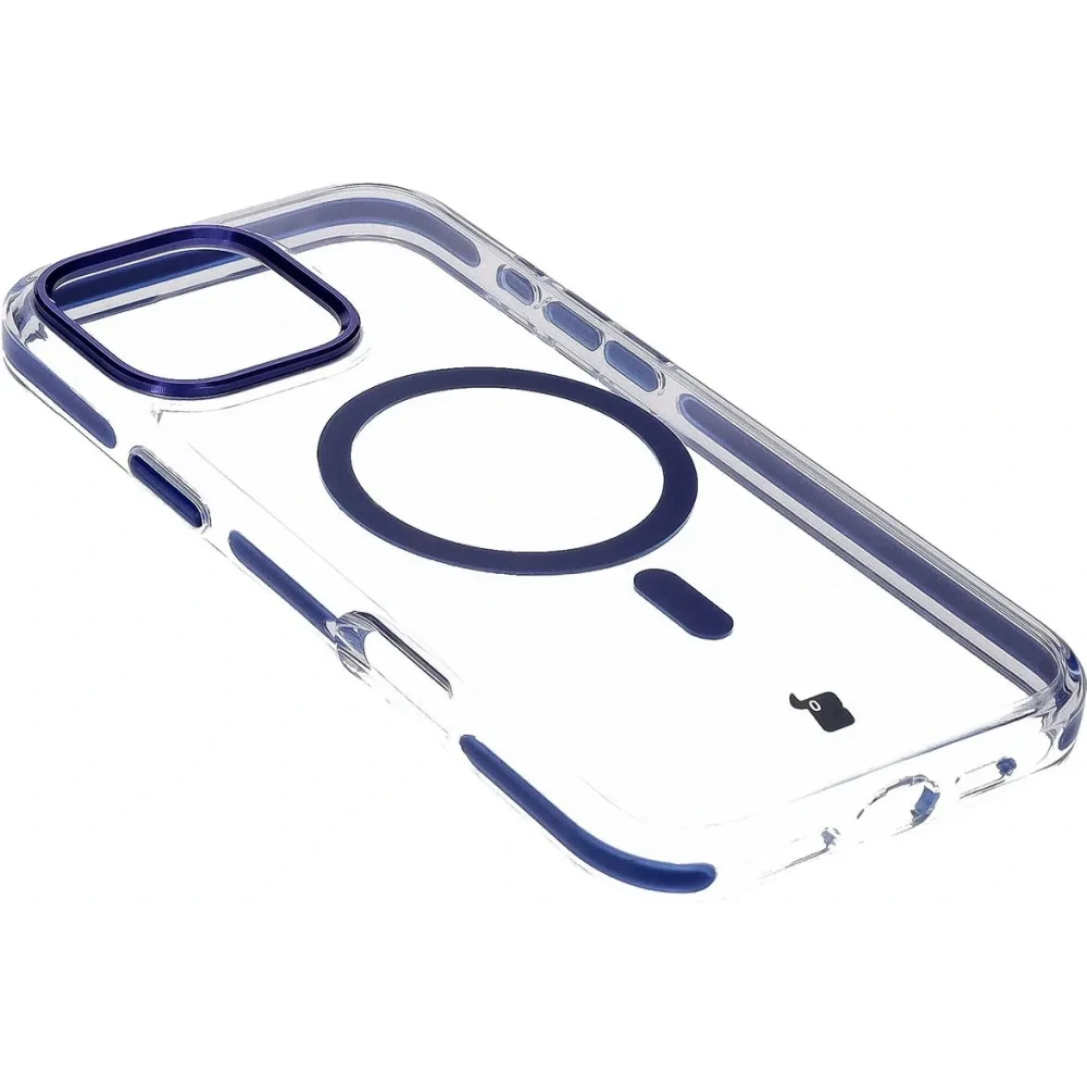 Etui z pierścieniem magnetycznym Bizon Case Marco do Apple iPhone 16 Pro Max przezroczyste z niebieską ramką