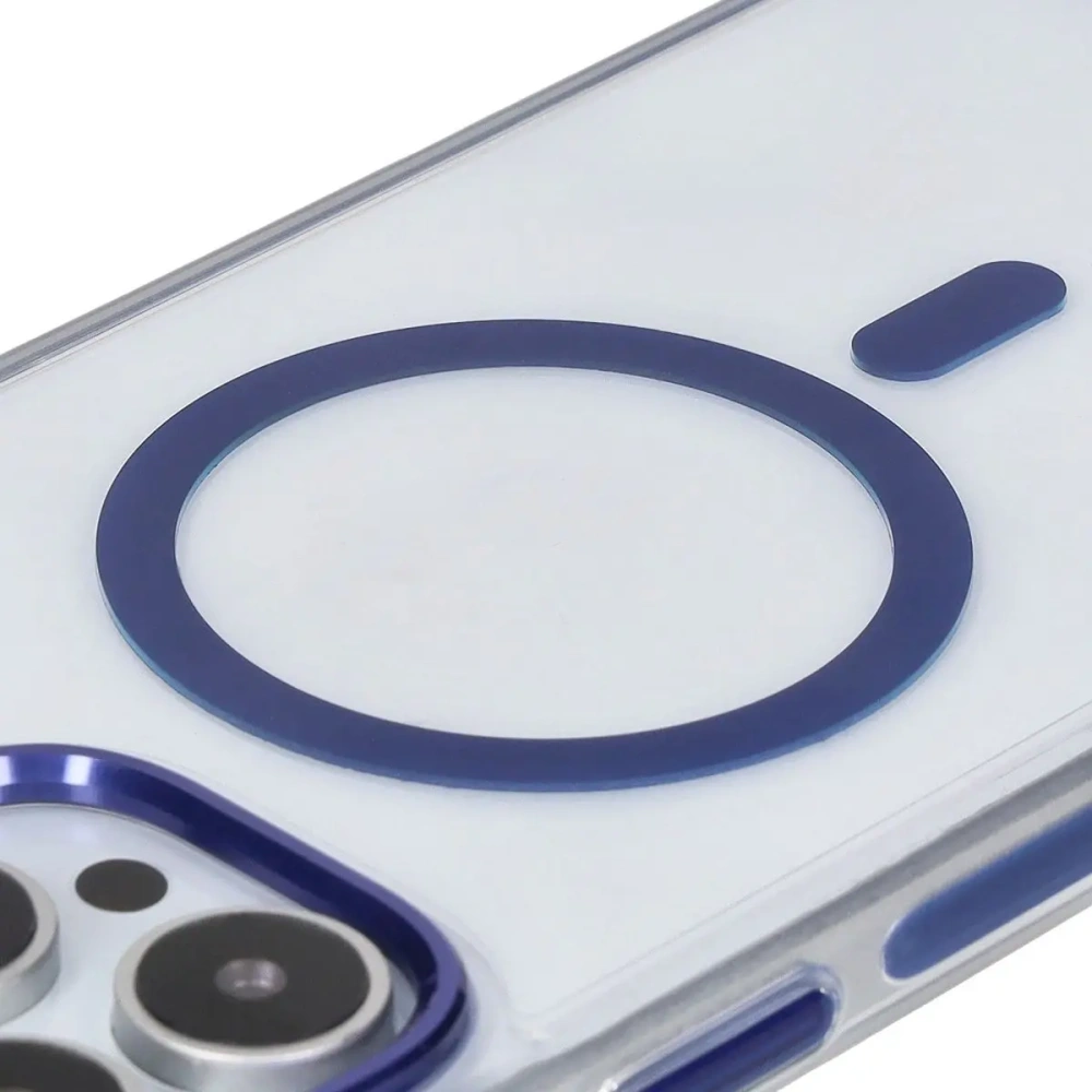 Etui z pierścieniem magnetycznym Bizon Case Marco do Apple iPhone 16 Pro Max przezroczyste z niebieską ramką