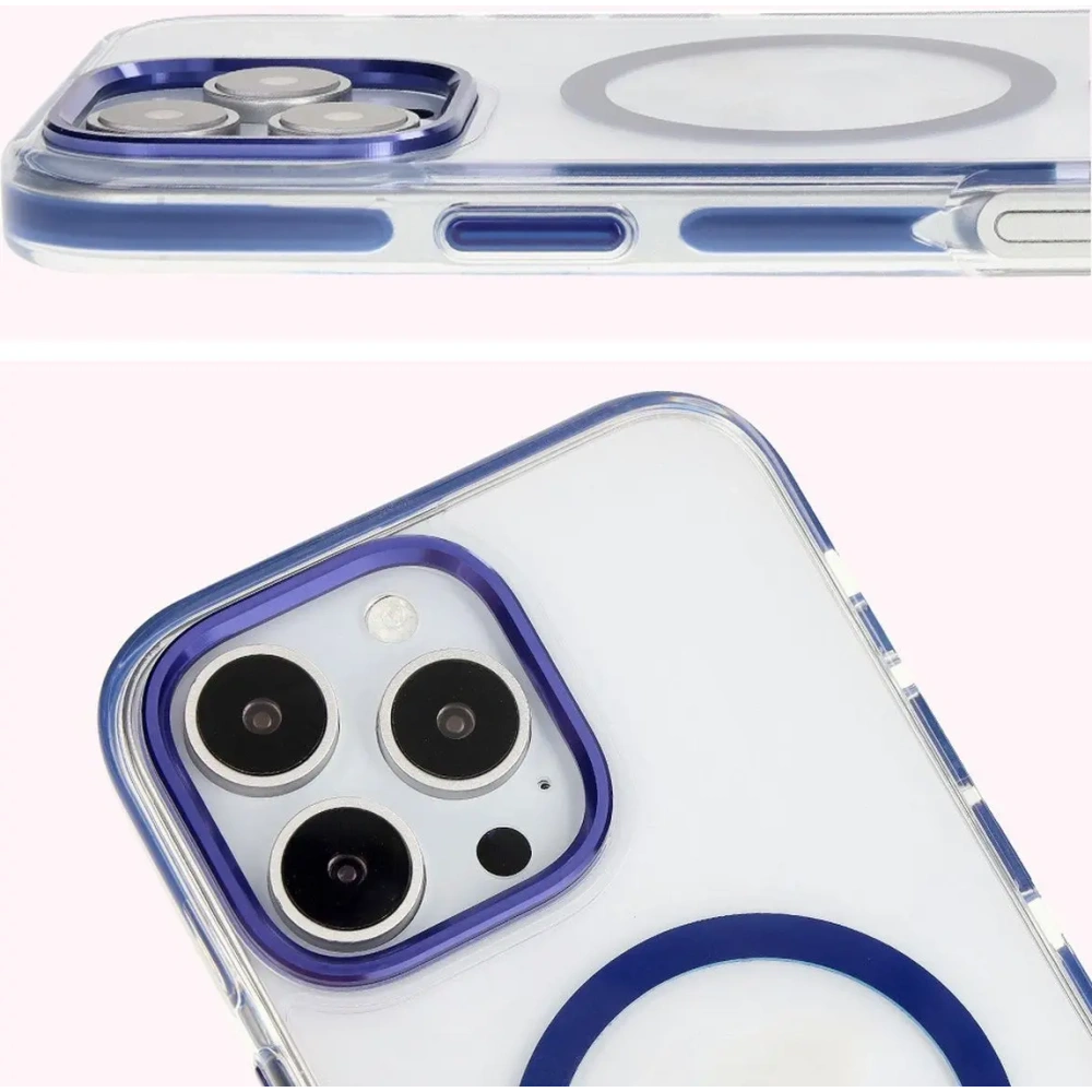 Etui z pierścieniem magnetycznym Bizon Case Marco do Apple iPhone 16 Pro Max przezroczyste z niebieską ramką