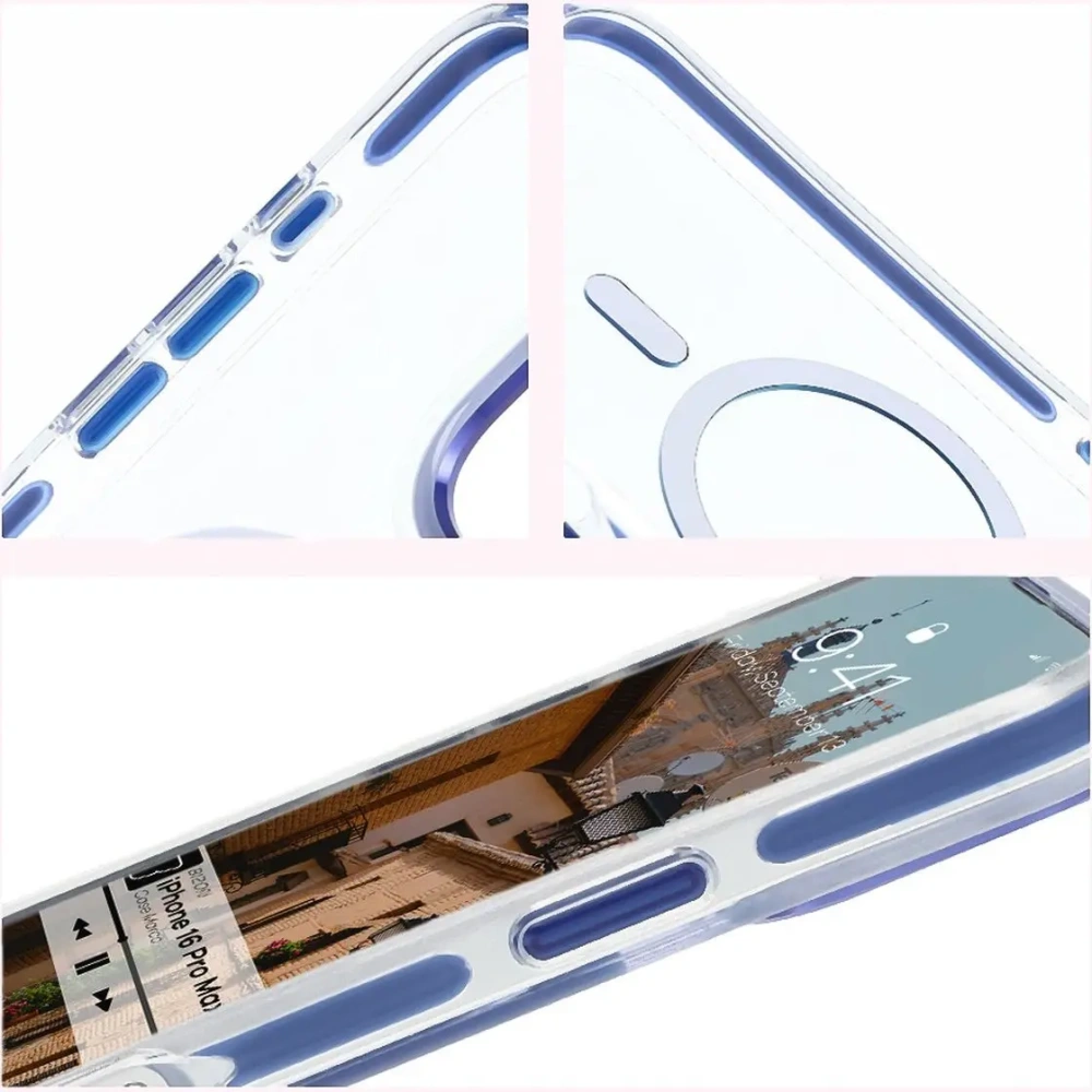 Etui z pierścieniem magnetycznym Bizon Case Marco do Apple iPhone 16 Pro Max przezroczyste z niebieską ramką