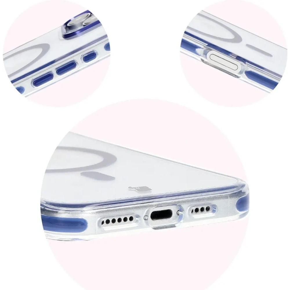 Etui z pierścieniem magnetycznym Bizon Case Marco do Apple iPhone 16 Pro Max przezroczyste z niebieską ramką