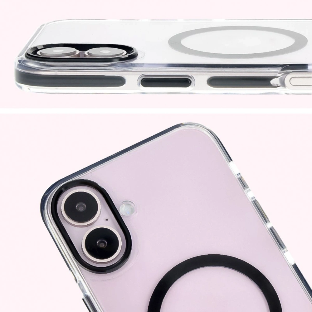 Etui z pierścieniem magnetycznym Bizon Case Marco do Apple iPhone 16 przezroczyste z czarną ramką