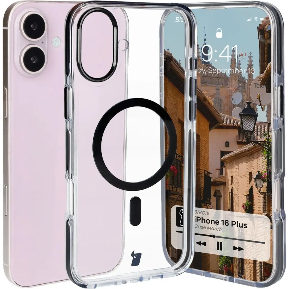 Etui z pierścieniem magnetycznym Bizon Case Marco do Apple iPhone 16 Plus przezroczyste z czarną ramką