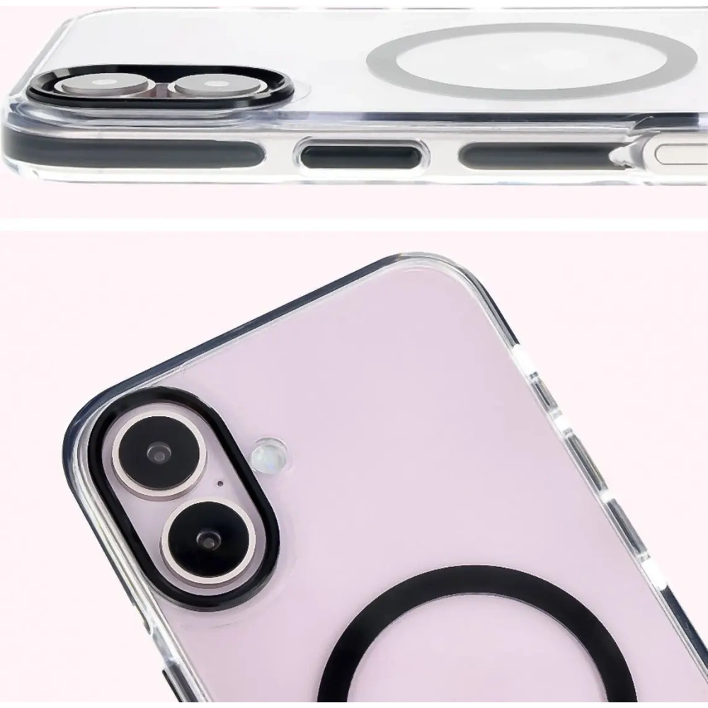 Etui z pierścieniem magnetycznym Bizon Case Marco do Apple iPhone 16 Plus przezroczyste z czarną ramką