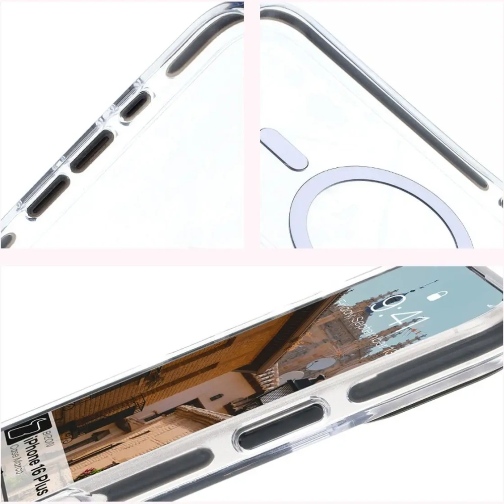 Etui z pierścieniem magnetycznym Bizon Case Marco do Apple iPhone 16 Plus przezroczyste z czarną ramką