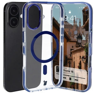 Etui z pierścieniem magnetycznym Bizon Case Marco do Apple iPhone 16 przezroczyste z niebieską ramką