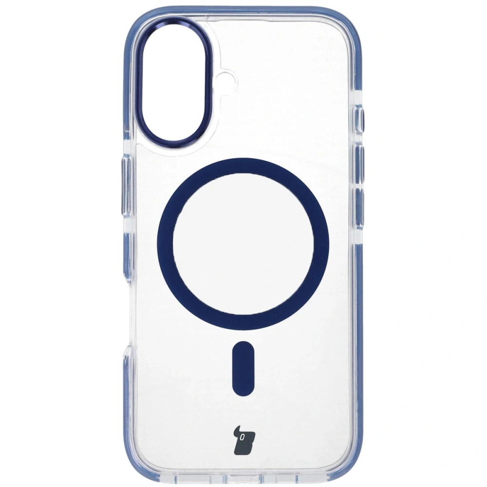 Etui z pierścieniem magnetycznym Bizon Case Marco do Apple iPhone 16 przezroczyste z niebieską ramką