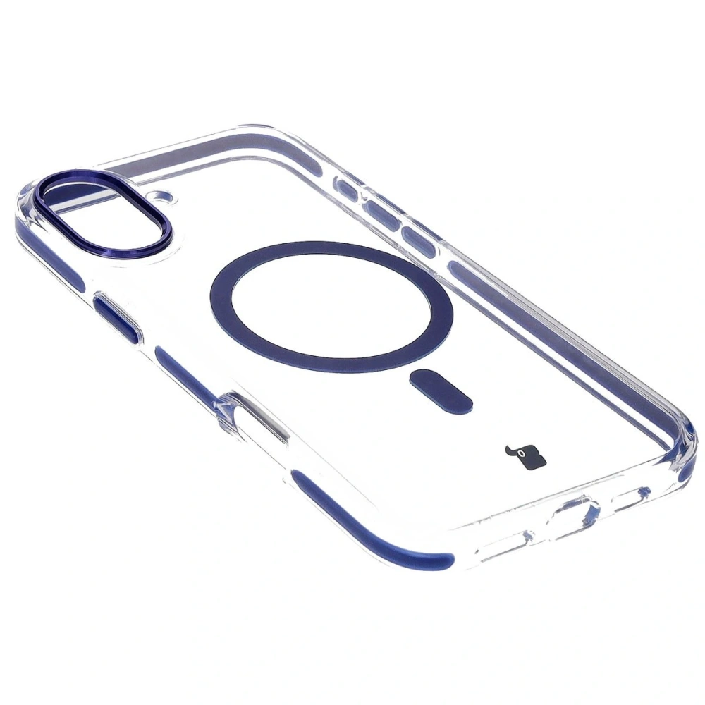 Etui z pierścieniem magnetycznym Bizon Case Marco do Apple iPhone 16 przezroczyste z niebieską ramką