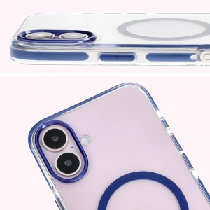 Etui z pierścieniem magnetycznym Bizon Case Marco do Apple iPhone 16 przezroczyste z niebieską ramką