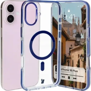 Etui z pierścieniem magnetycznym Bizon Case Marco do Apple iPhone 16 Plus przezroczyste z niebieską ramką