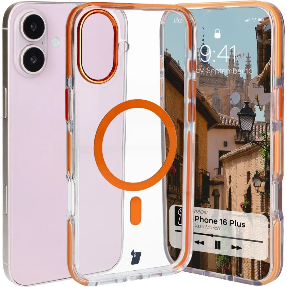 Etui z pierścieniem magnetycznym Bizon Case Marco do Apple iPhone 16 Plus przezroczyste z pomarańczową ramką