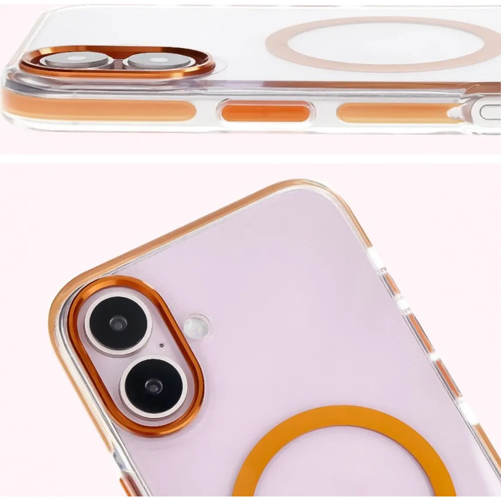 Etui z pierścieniem magnetycznym Bizon Case Marco do Apple iPhone 16 Plus przezroczyste z pomarańczową ramką