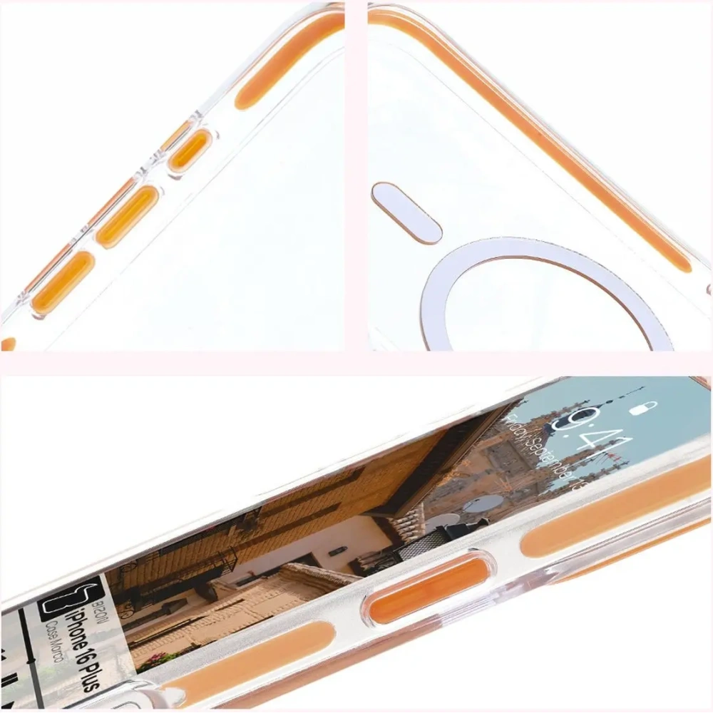 Etui z pierścieniem magnetycznym Bizon Case Marco do Apple iPhone 16 Plus przezroczyste z pomarańczową ramką