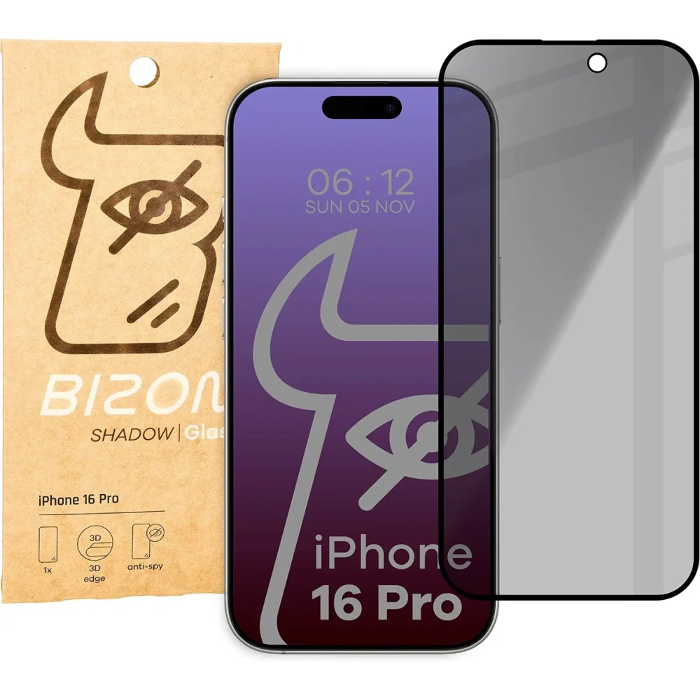 Prywatyzujące szkło hartowane Bizon Glass Edge Shadow do Apple iPhone 16 Pro przyciemniane z czarną ramką