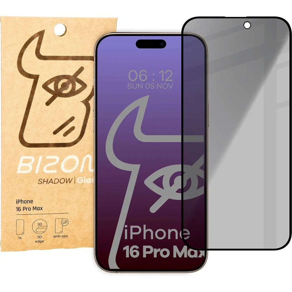 Prywatyzujące szkło hartowane Bizon Glass Edge Shadow do Apple iPhone 16 Pro Max przyciemniane z czarną ramką