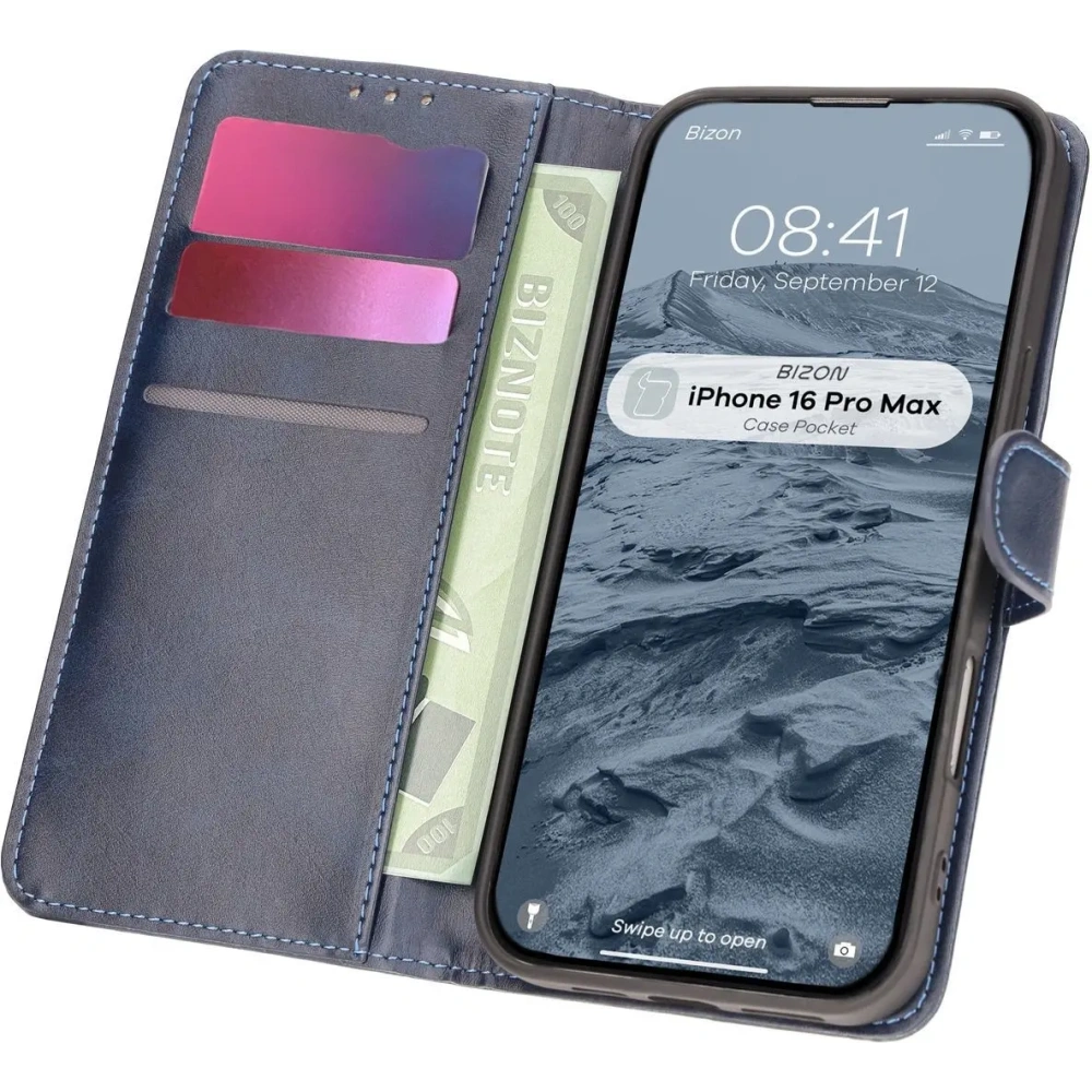 Etui z klapką Bizon Case Pocket do Apple iPhone 16 Pro Max granatowe
