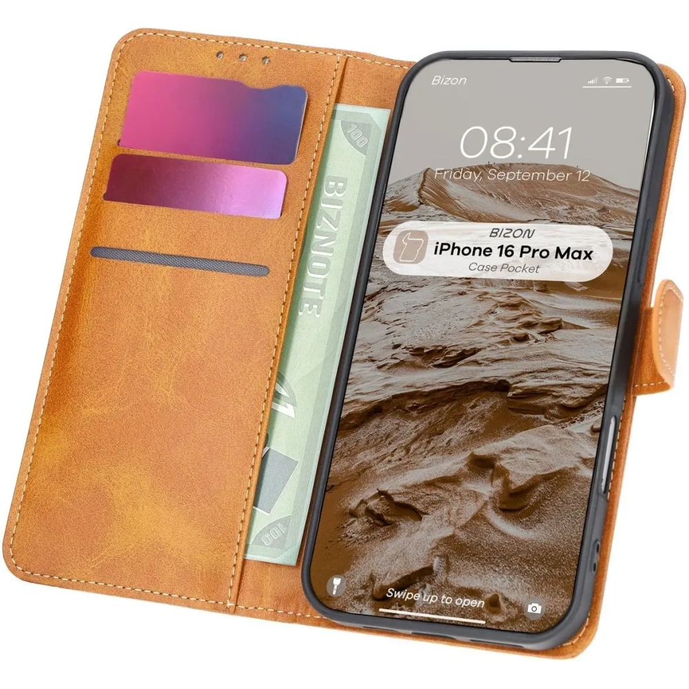 Etui z klapką Bizon Case Pocket do Apple iPhone 16 Pro Max brązowe