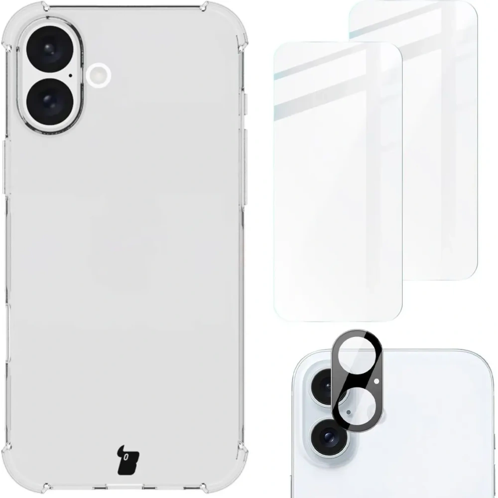 Etui + 2x szkło hartowane na ekran + szkło na obiektyw Bizon Case Clear Pack do Apple iPhone 16 Plus
