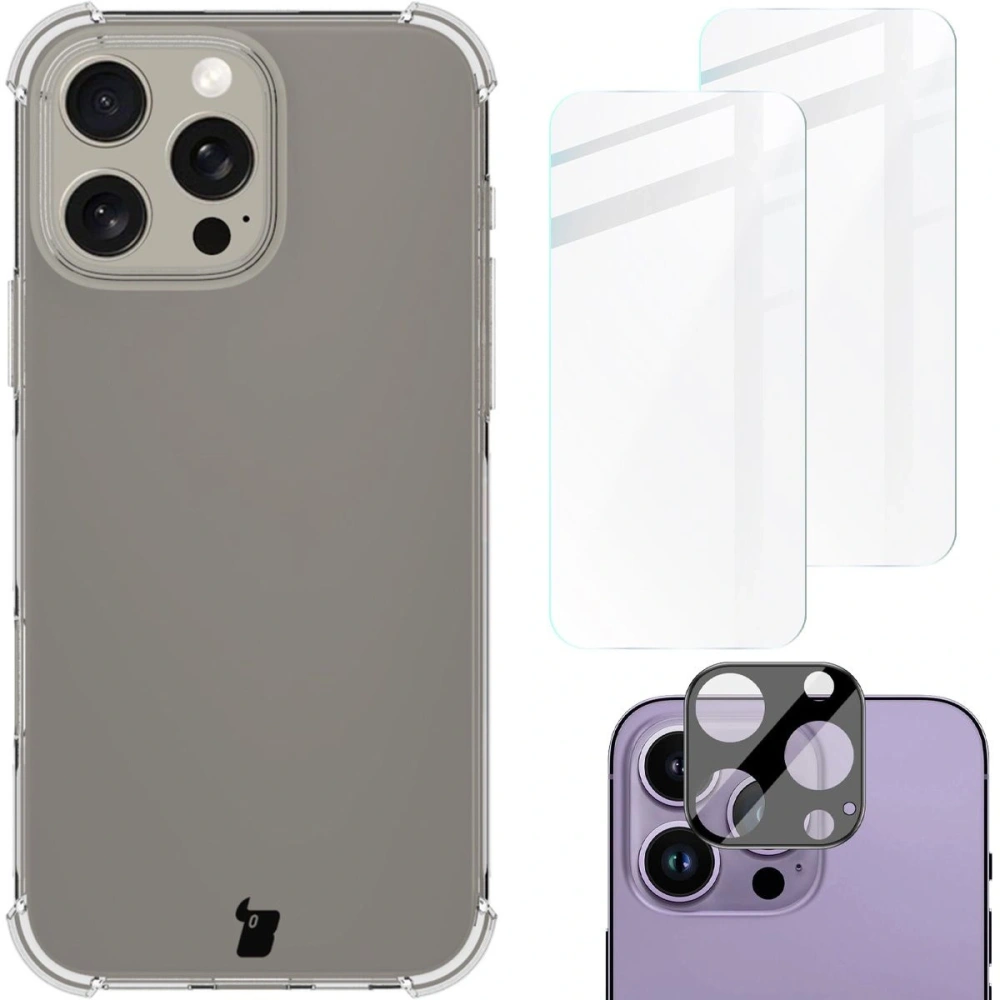 Etui + 2x szkło hartowane na ekran + szkło na obiektyw Bizon Case Clear Pack do Apple iPhone 16 Pro Max
