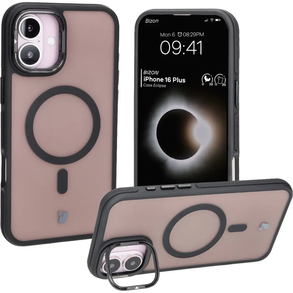 Etui z podstawką i pierścieniem magnetycznym Bizon Case Eclipse do Apple iPhone 16 Plus przydymione z czarną ramką