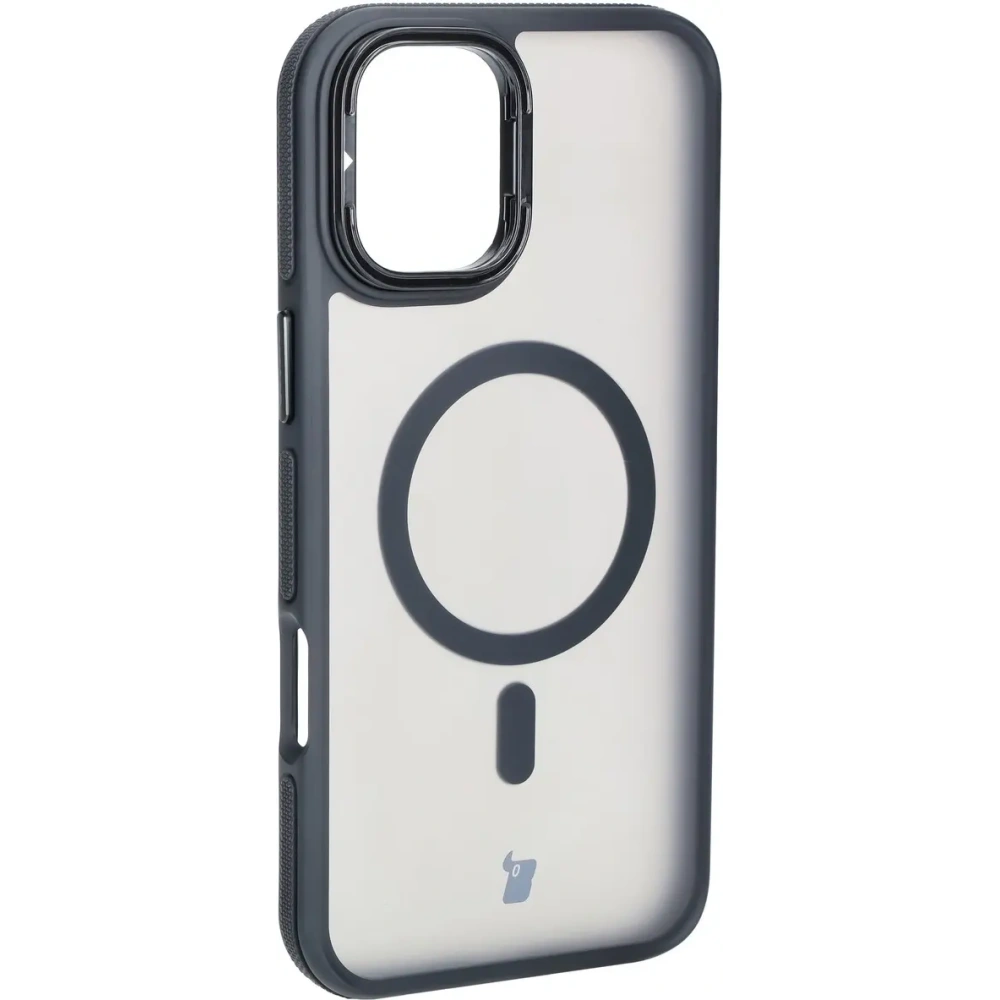 Etui z podstawką i pierścieniem magnetycznym Bizon Case Eclipse do Apple iPhone 16 Plus przydymione z czarną ramką