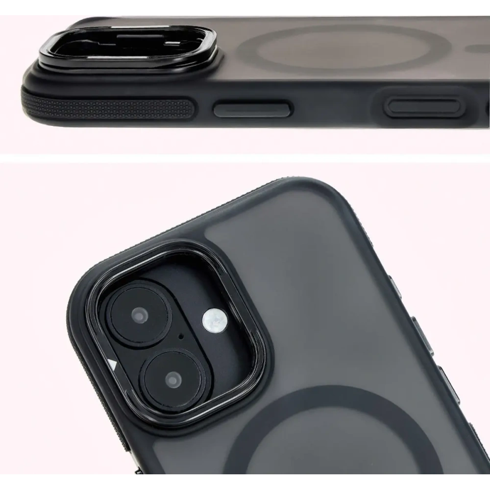 Etui z podstawką i pierścieniem magnetycznym Bizon Case Eclipse do Apple iPhone 16 Plus przydymione z czarną ramką